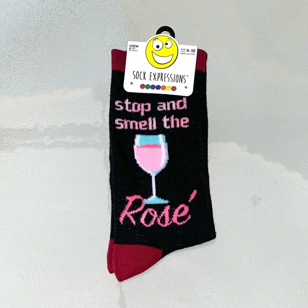Sock Expressions Stop & Smell the Rosé Black Crew Socks, Women’s Shoe 4-10